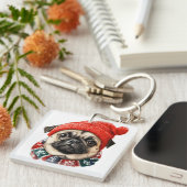 Porte-clés Chapeau de Noël pug mignon (Devant Droit)