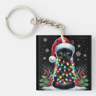 Porte-clés Chapeau de Santa Noël Chat Noir Drôle de Chat Miao