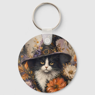 Porte-clés Chapeau de sorcière de chat noir vintage Floral au
