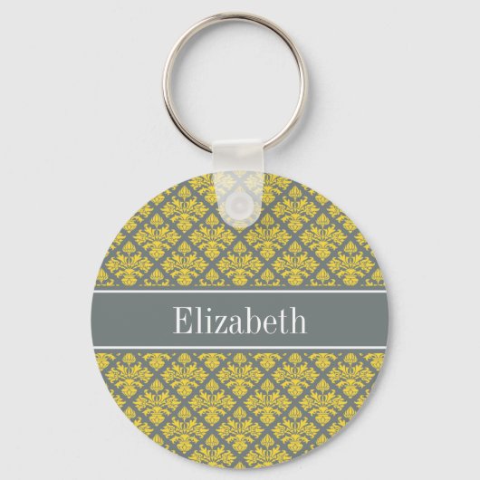 Porte-clés Charcoal Pineapple Damask #3 Yellow Name Monogram (Recto)
