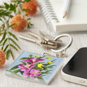 Porte-clés Chardonneret et fleurs
