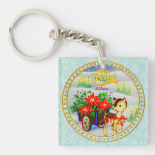 Porte-clés Chariot de fleurs et rennes de Noël vintage adorab
