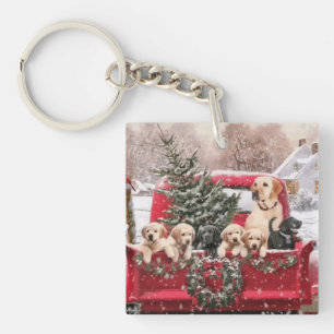 Porte-clés Chariot Rouge Rétro De Noël Avec Chiens De Chien