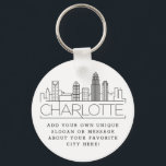 Porte-clés Charlotte, NC Stylisé Skyline | Slogan personnalis<br><div class="desc">Un porte - clé unique représentant la belle ville de Charlotte, NC. Ce porte - clé présente une illustration stylisée de l'horizon unique de la ville avec son nom en dessous. Sous le nom de la ville se trouve un endroit pour votre slogan ou déclaration unique sur votre ville préférée....</div>