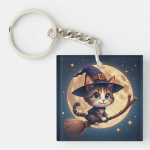 Porte-clés Charmante chatte sorcière sous les étoiles et la p