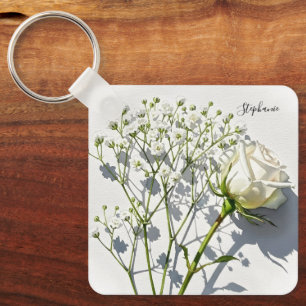 Porte-clés Charme floral personnalisé de rose blanche