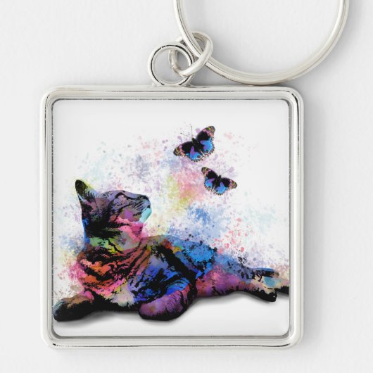 Porte-clés Chat 614 papillon bleu rose (Devant)