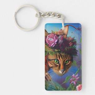 Porte-clés chat à fleurs art casquette