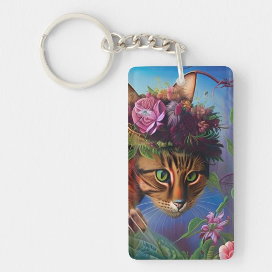 Porte-clés chat à fleurs art casquette (Devant)
