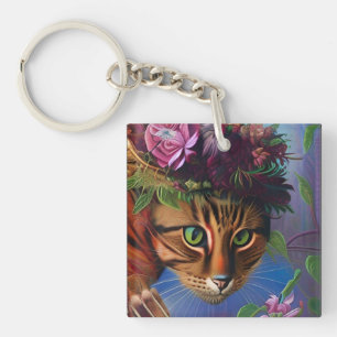 Porte-clés chat à fleurs art casquette