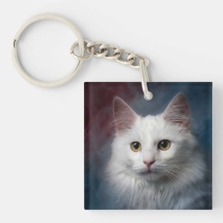 Porte-clés Chat angora turc blanc yeux rouges bleus