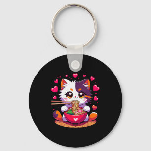 Porte-clés Chat Anime Mangeant des Nouilles Ramen Avec des Cœ