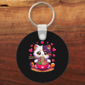 Porte-clés Chat Anime Mangeant des Nouilles Ramen Avec des Cœ (Recto)