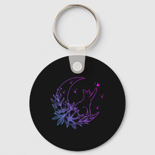 Porte-clés Chat Assis Sur Crescent Lune Fleurs Étoiles Femmes