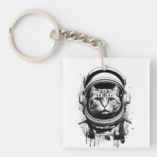 Porte-clés Chat astronaute noir et blanc