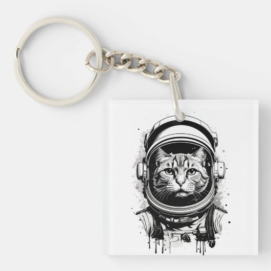 Porte-clés Chat astronaute noir et blanc (Devant)