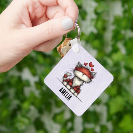 Porte-clés Chat avec des cœurs rouges mignon et amusant (main)