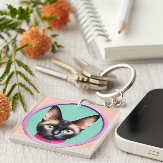 Porte-clés Chat avec yeux frappants par miroir circulaire (Devant Droit)