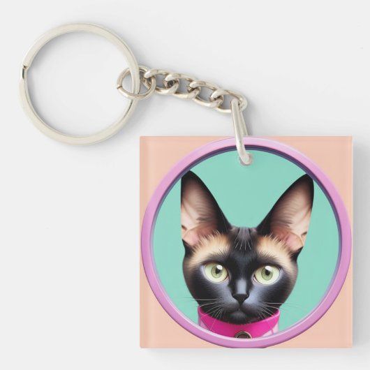 Porte-clés Chat avec yeux frappants par miroir circulaire (Devant)