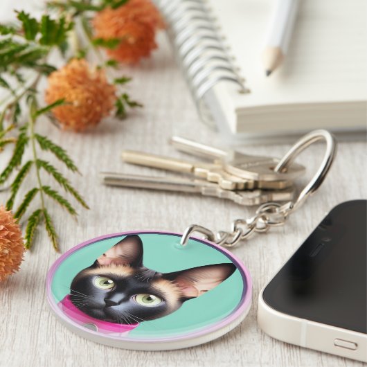 Porte-clés Chat avec yeux frappants par miroir circulaire (Devant droit)