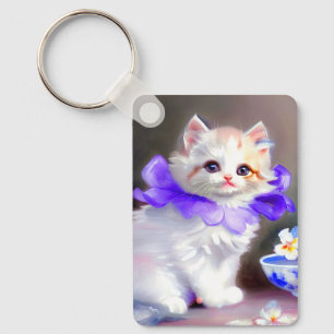 Porte-clés Chat blanc avec collier de fleurs violettes