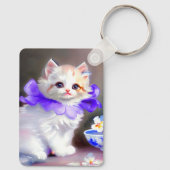Porte-clés Chat blanc avec collier de fleurs violettes (Verso)