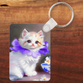 Porte-clés Chat blanc avec collier de fleurs violettes (Verso)