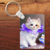 Porte-clés Chat blanc avec collier de fleurs violettes (Recto)