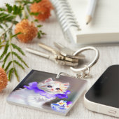 Porte-clés Chat blanc avec collier de fleurs violettes (Devant Droit)