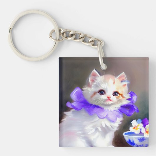 Porte-clés Chat blanc avec collier de fleurs violettes (Devant)