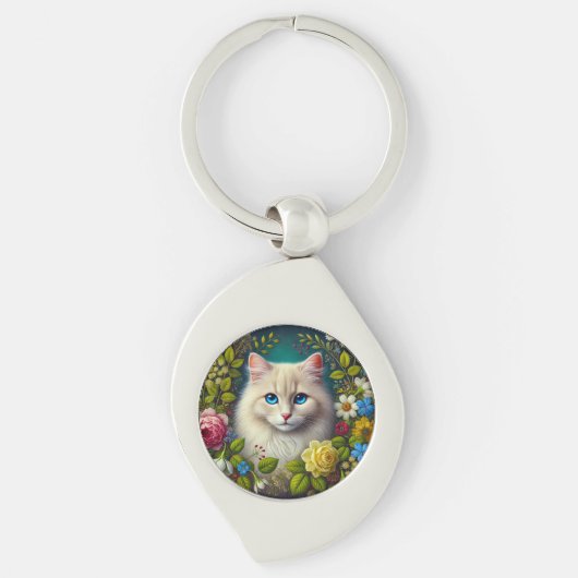 Porte-clés Chat Blanc Avec Des Yeux Bleus (Devant)
