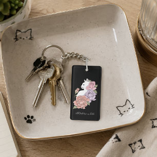 Porte-clés Chat Blanc Pastel Floral Botanique Romantique Noir