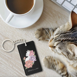 Porte-clés Chat Blanc Pastel Floral Botanique Romantique Noir