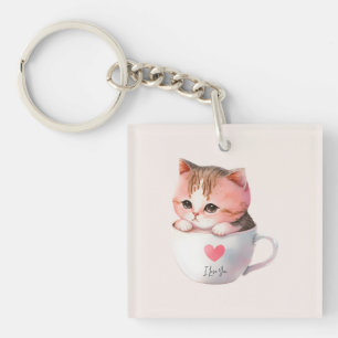 Porte-clés Chat blanc-rose mignonne dans une tasse de thé (2)