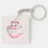 Porte-clés Chat blanc-rose mignonne dans une tasse de thé (3) (Dos)
