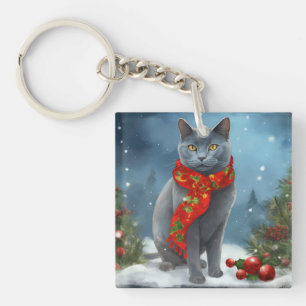 Porte-clés Chat Bleu Russe à Noël sous la neige