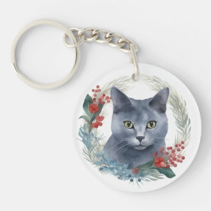 Porte-clés Chat Bleu Russe Couronne de Noël Kitten Festif