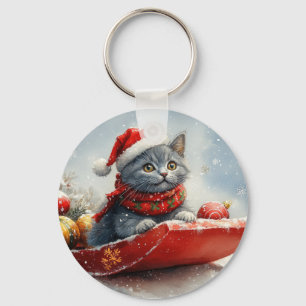 Porte-clés Chat Bleu Russe en Luge Laissez Tomber la Neige No