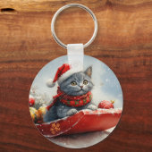 Porte-clés Chat bleu russe en sangle laissez-le neiger Noël (Recto)