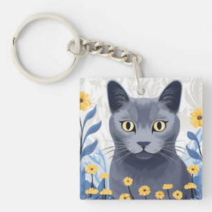 Porte-clés Chat Bleu Russe Fleurs Jaunes