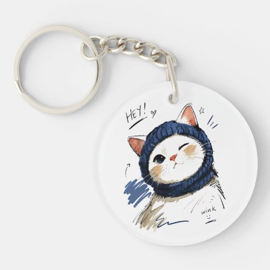 Porte-clés Chat clignant avec une écharpe tricotée confortabl (Devant)