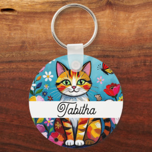 Porte-clés Chat coloré et papillon personnalisé