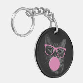 Porte-clés Chat cool avec lunettes roses et gomme à bulles (Devant gauche)