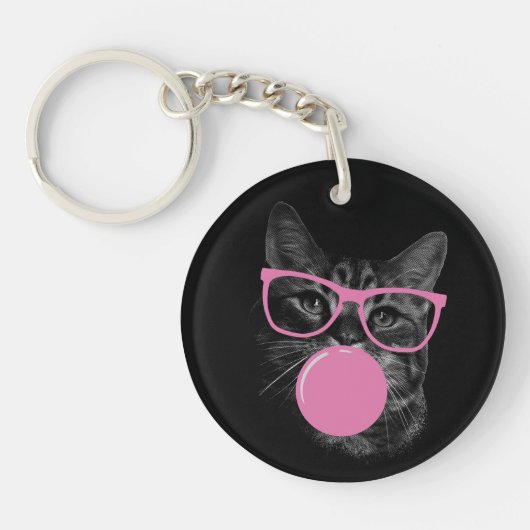 Porte-clés Chat cool avec lunettes roses et gomme à bulles (Devant)