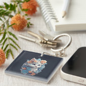 Porte-clés Chat Cute Blanc Floral Kitty (Devant Droit)