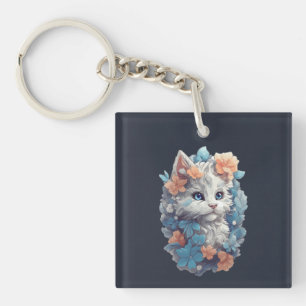 Porte-clés Chat Cute Blanc Floral Kitty