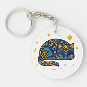 Porte-clés Chat d'art populaire en bleu