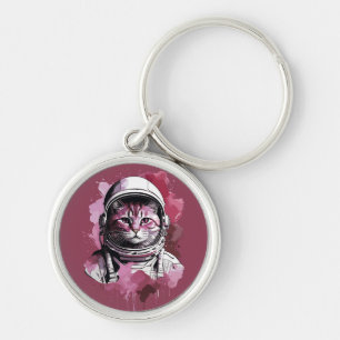 Porte-clés Chat d'astronaute de couleur rouge