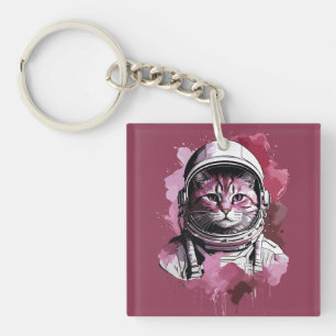 Porte-clés Chat d'astronaute de couleur rouge