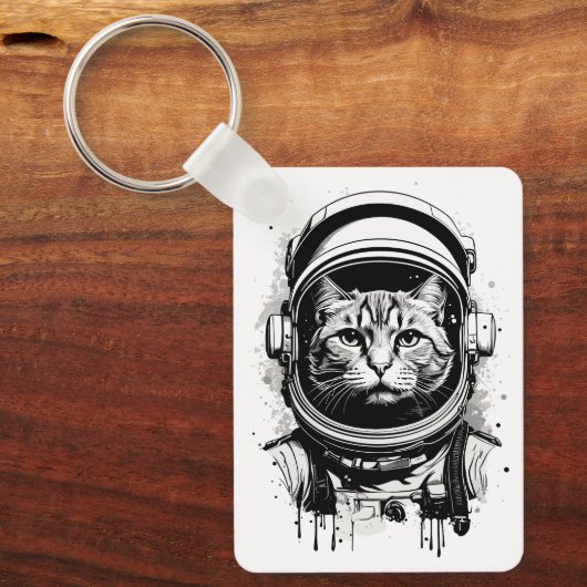 Porte-clés Chat d'astronaute noir et blanc (Recto)